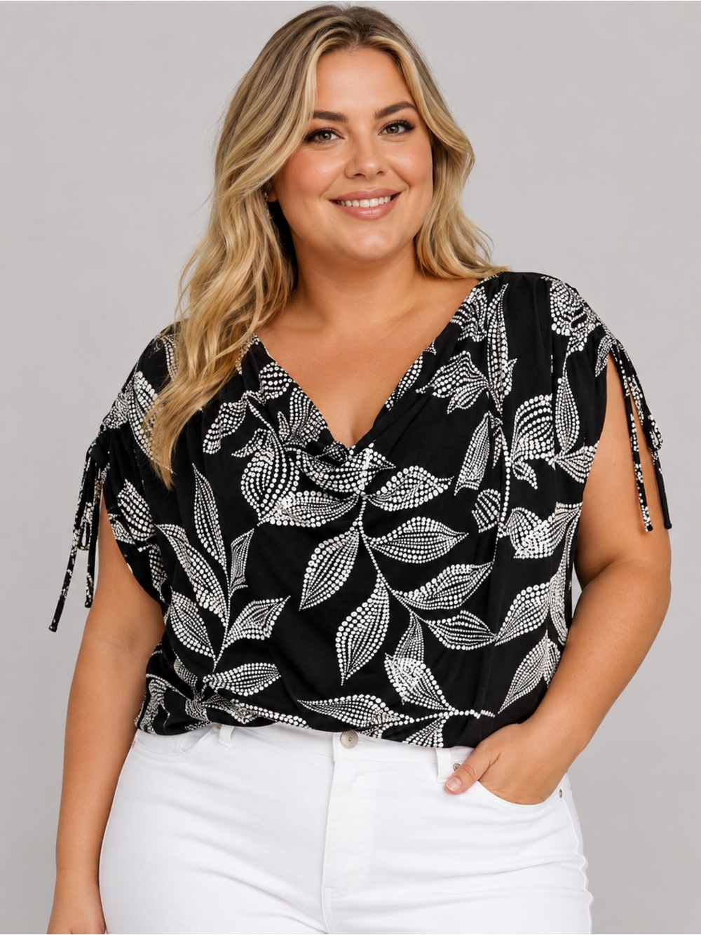 Lane Bryant Women’s Plus-Size 22/24 Black & White Leaf Print Cowl Neck Blouse